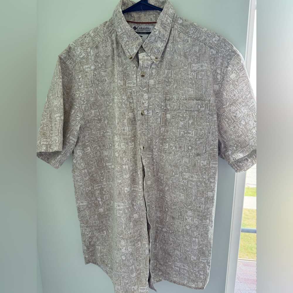Columbia Mens L Hawaiian Print Button Front Shirt Pocket Cotton short sleeve